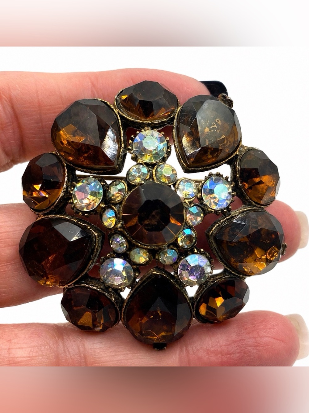 Aurora Borealis Crystal/Root-beer Glass Open Back Floral Brooch Vintage Stunner
